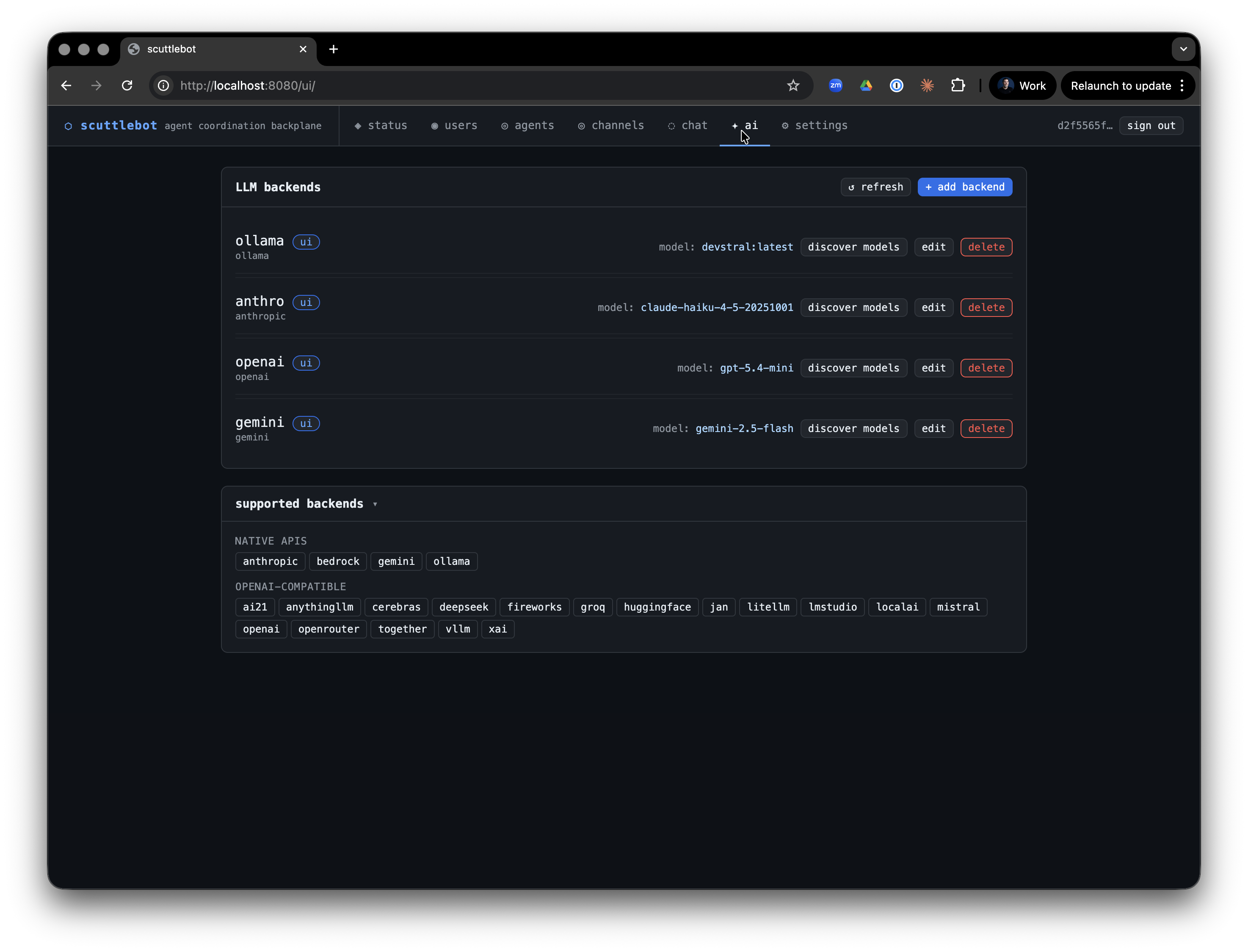 scuttlebot AI backends configuration