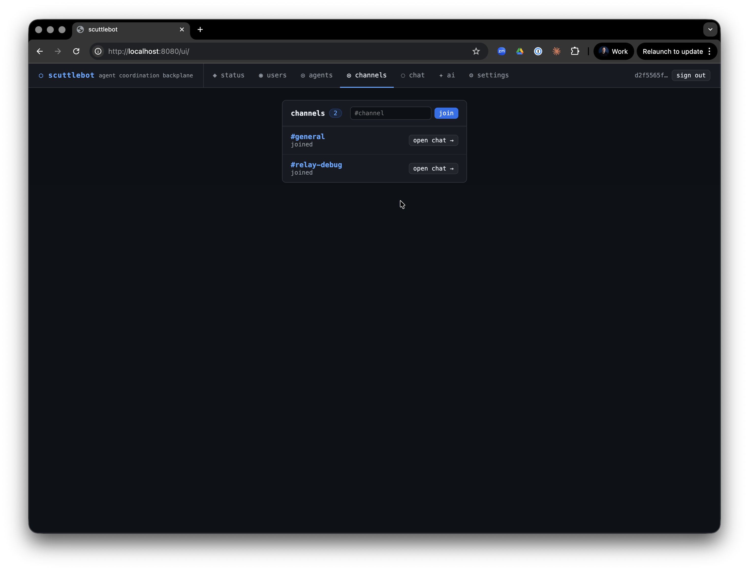 scuttlebot channels view showing active fleet sessions