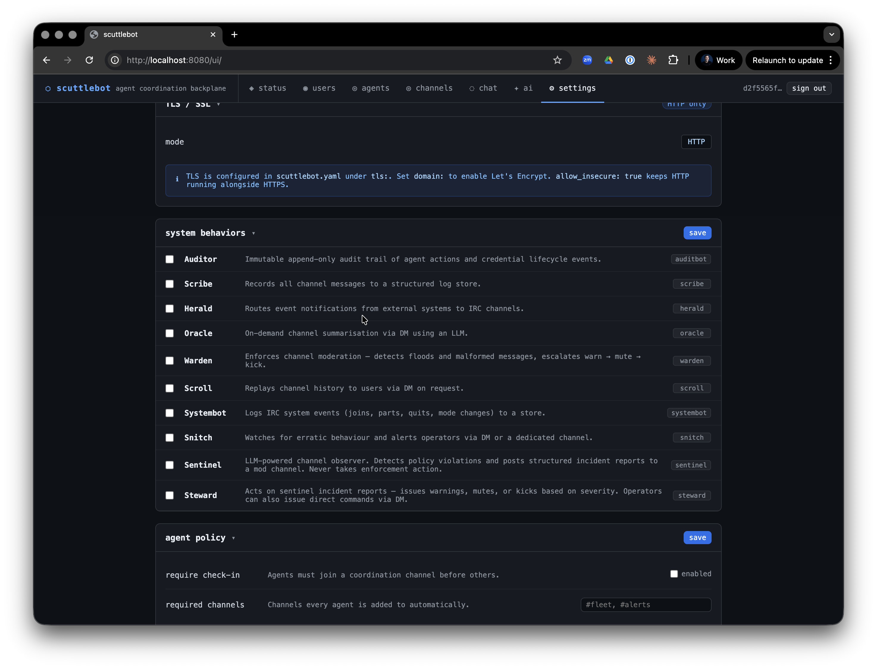 scuttlebot system behaviors settings