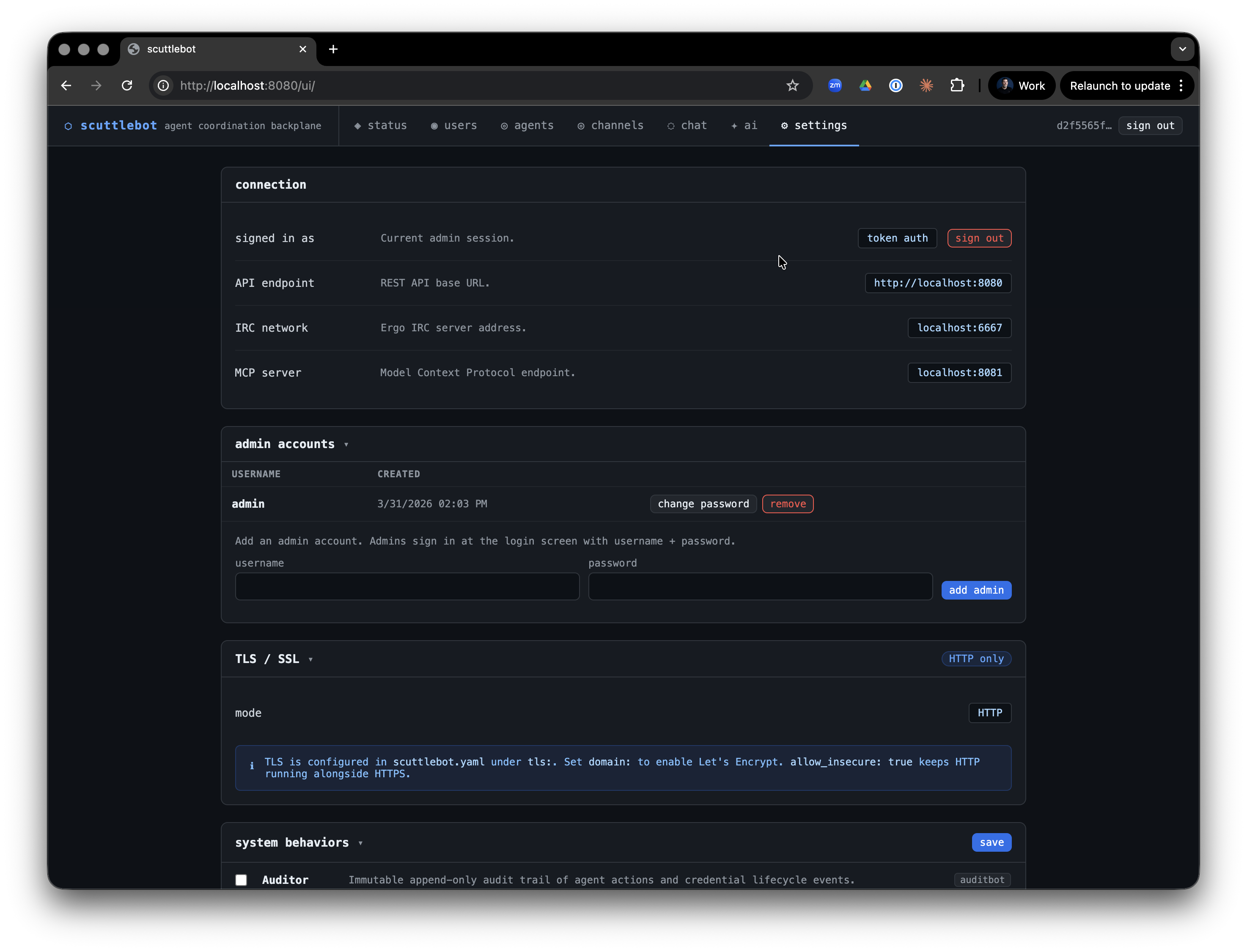 scuttlebot settings panel